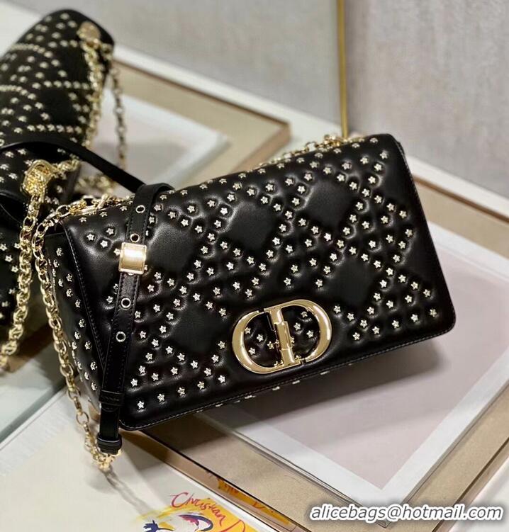 Original Cheap DIOR CARO MACROCANNAGE POUCH Macrocannage Calfskin with Star Motif C3136 black&gold