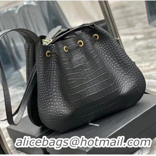 Buy Fashionable SAINT LAUREN PARIS VII LARGE FLAT HOBO BAG IN CROCODILE-EMBOSSED LEATHER 697941 black