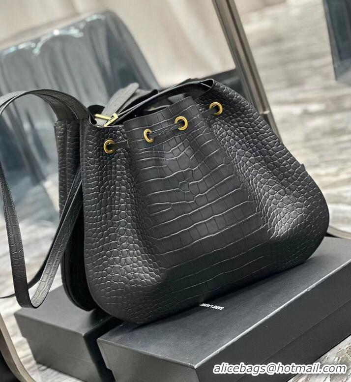 Buy Fashionable SAINT LAUREN PARIS VII LARGE FLAT HOBO BAG IN CROCODILE-EMBOSSED LEATHER 697941 black