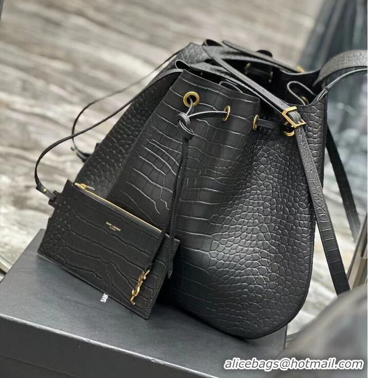 Buy Fashionable SAINT LAUREN PARIS VII LARGE FLAT HOBO BAG IN CROCODILE-EMBOSSED LEATHER 697941 black