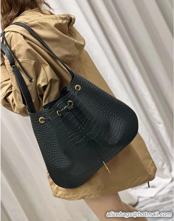 Buy Fashionable SAINT LAUREN PARIS VII LARGE FLAT HOBO BAG IN CROCODILE-EMBOSSED LEATHER 697941 black