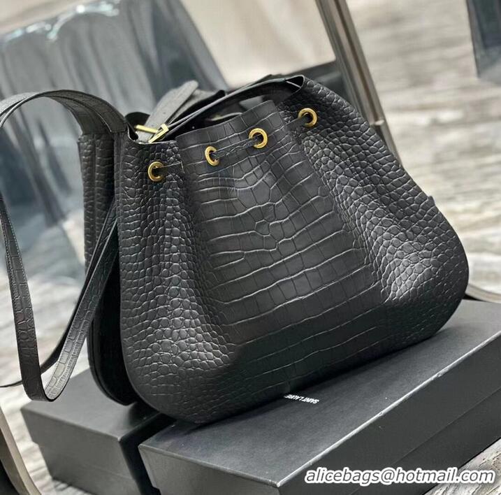 Buy Fashionable SAINT LAUREN PARIS VII LARGE FLAT HOBO BAG IN CROCODILE-EMBOSSED LEATHER 697941 black