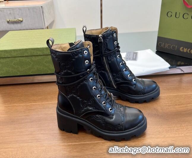 Grade Gucci GG Matelasse Leather Lace-up Ankle Boot Black 120238