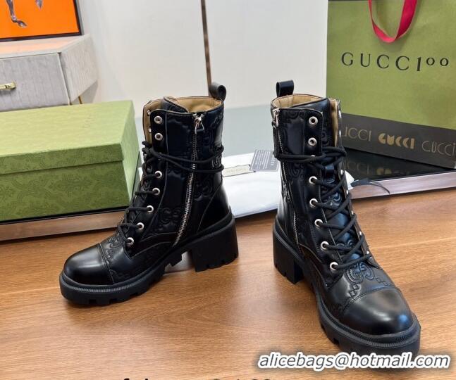 Grade Gucci GG Matelasse Leather Lace-up Ankle Boot Black 120238