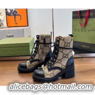 Popular Style Gucci Maci-GG Canvas Lace-up Ankle Boot Camel 2120240