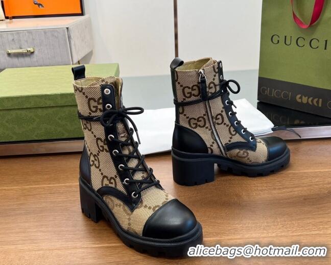 Popular Style Gucci Maci-GG Canvas Lace-up Ankle Boot Camel 2120240