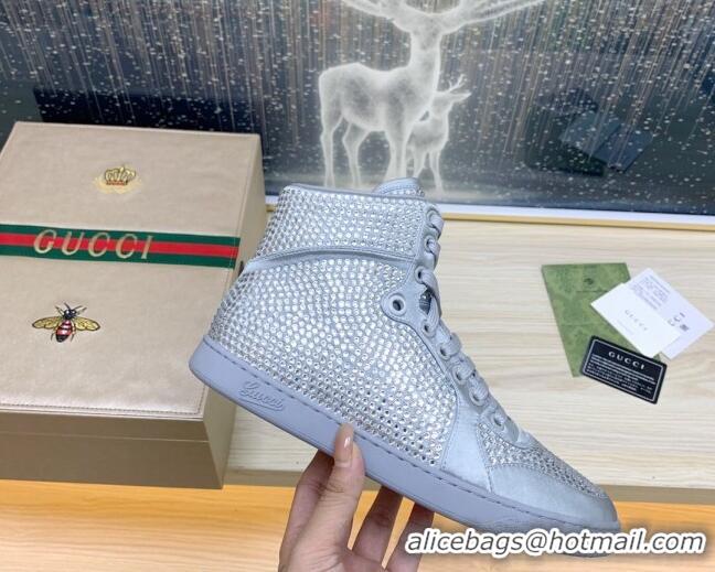 Best Product Gucci Crystal Allover and Silk High-top Sneakers Silver 120253