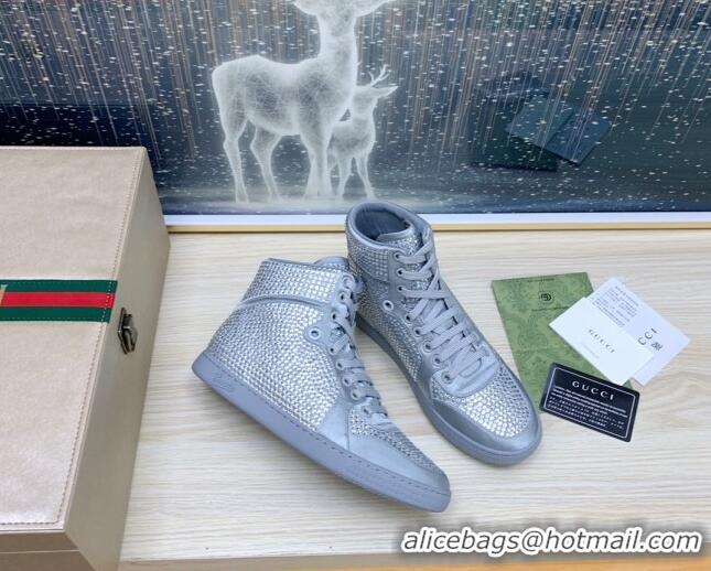 Best Product Gucci Crystal Allover and Silk High-top Sneakers Silver 120253