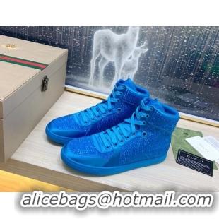 Charming Gucci Crystal Allover and Silk High-top Sneakers Sky Blue 120255