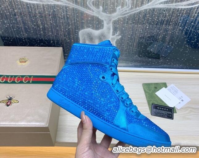 Charming Gucci Crystal Allover and Silk High-top Sneakers Sky Blue 120255