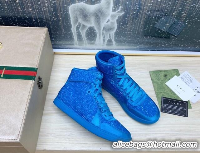 Charming Gucci Crystal Allover and Silk High-top Sneakers Sky Blue 120255