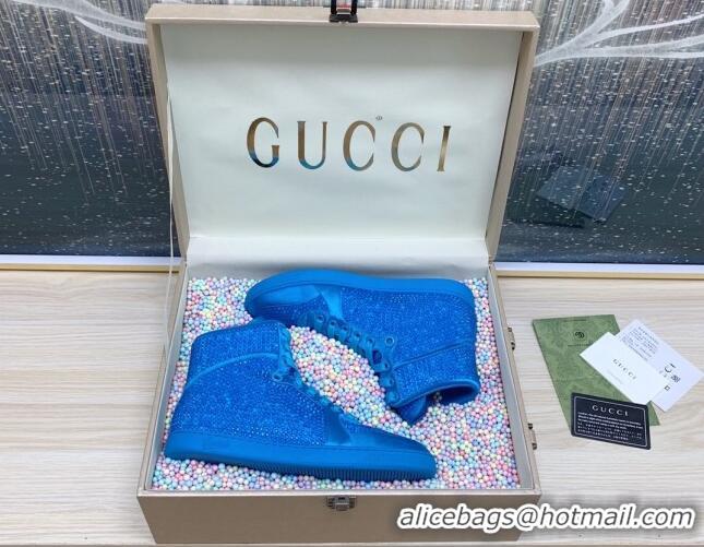 Charming Gucci Crystal Allover and Silk High-top Sneakers Sky Blue 120255