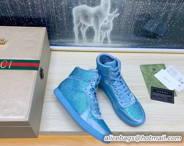 Lower Price Gucci Crystal Allover and Silk High-top Sneakers Light Blue 120258