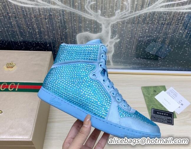 Lower Price Gucci Crystal Allover and Silk High-top Sneakers Light Blue 120258