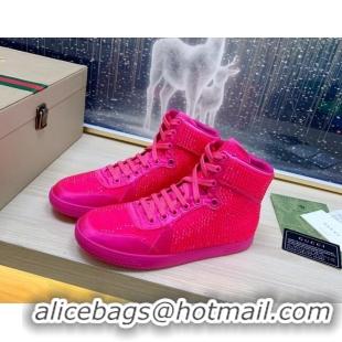 Unique Style Gucci Crystal Allover and Silk High-top Sneakers Neon Pink 120260