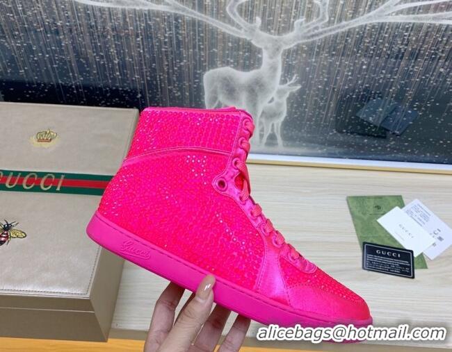 Unique Style Gucci Crystal Allover and Silk High-top Sneakers Neon Pink 120260