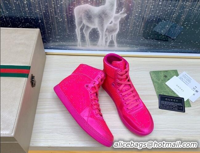 Unique Style Gucci Crystal Allover and Silk High-top Sneakers Neon Pink 120260