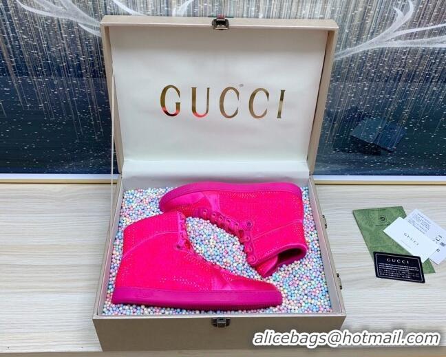 Unique Style Gucci Crystal Allover and Silk High-top Sneakers Neon Pink 120260