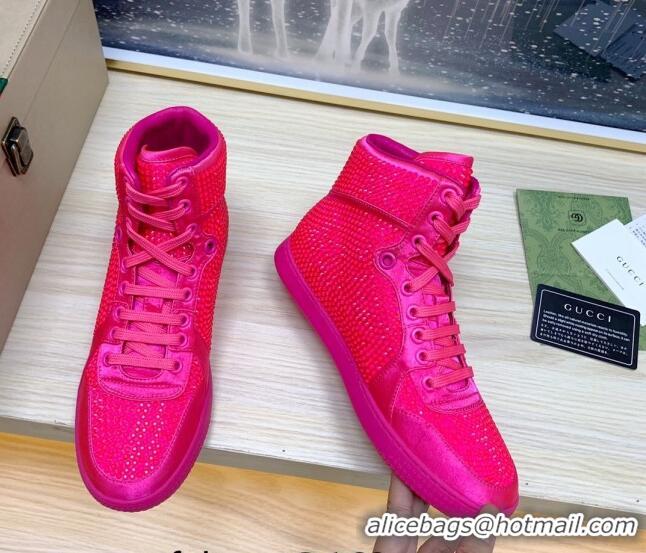 Unique Style Gucci Crystal Allover and Silk High-top Sneakers Neon Pink 120260