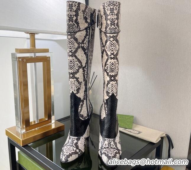 Good Product Gucci Python Print High Boots 10.5cm Beige/Black 699416