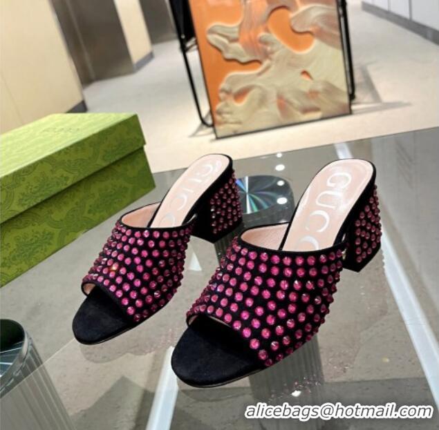 Original Cheap Gucci Crystal Dotted Suede Medium Heel Slide Sandals 6.5cm Pink 120263