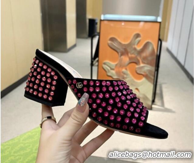 Original Cheap Gucci Crystal Dotted Suede Medium Heel Slide Sandals 6.5cm Pink 120263