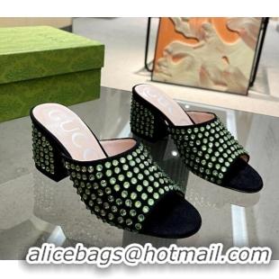 Charming Gucci Crystal Dotted Suede Medium Heel Slide Sandals 6.5cm Green 120264