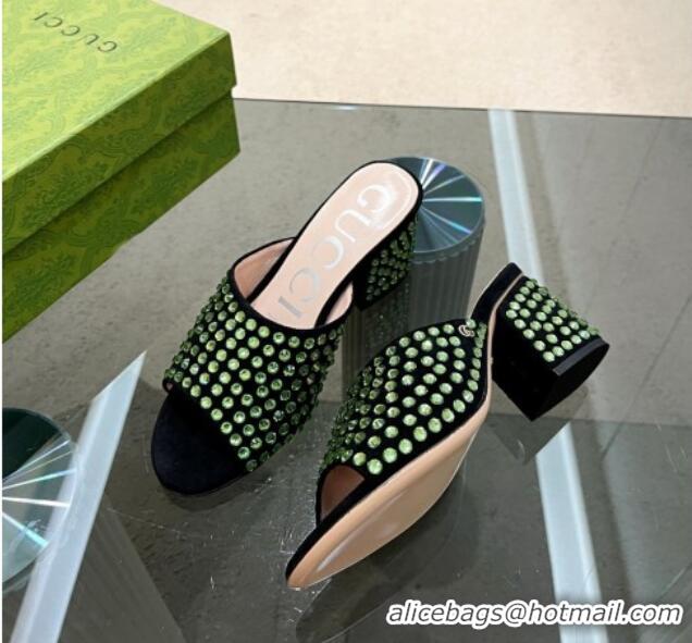 Charming Gucci Crystal Dotted Suede Medium Heel Slide Sandals 6.5cm Green 120264