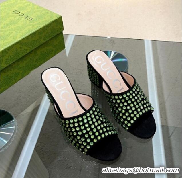 Charming Gucci Crystal Dotted Suede Medium Heel Slide Sandals 6.5cm Green 120264