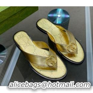 Stylish Gucci Metallic Leather Flat Thong Sandals Gold 120273