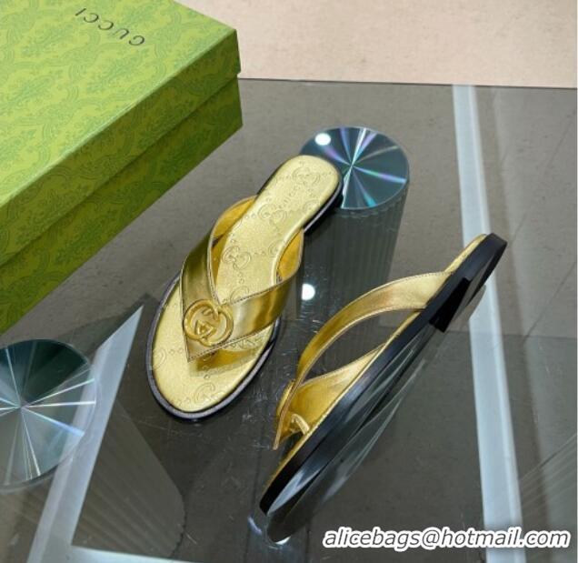 Stylish Gucci Metallic Leather Flat Thong Sandals Gold 120273