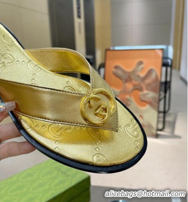 Stylish Gucci Metallic Leather Flat Thong Sandals Gold 120273