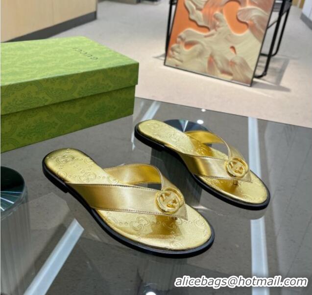 Stylish Gucci Metallic Leather Flat Thong Sandals Gold 120273