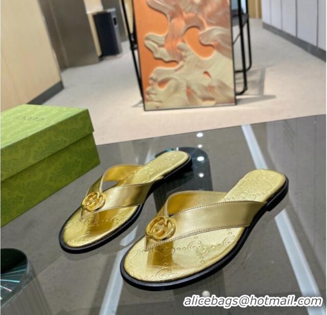 Stylish Gucci Metallic Leather Flat Thong Sandals Gold 120273