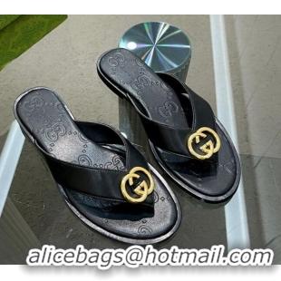 Charming Gucci Calfskin Flat Thong Sandals Black 120272