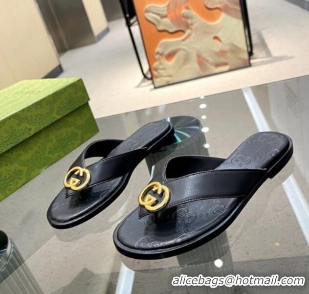 Charming Gucci Calfskin Flat Thong Sandals Black 120272