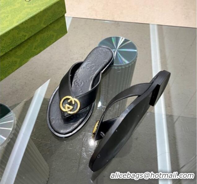 Charming Gucci Calfskin Flat Thong Sandals Black 120272