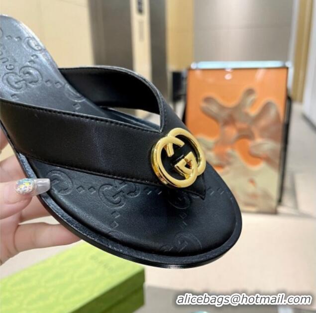 Charming Gucci Calfskin Flat Thong Sandals Black 120272