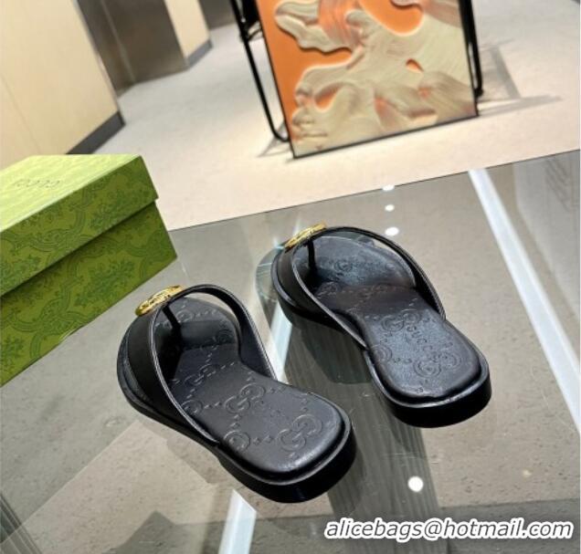 Charming Gucci Calfskin Flat Thong Sandals Black 120272