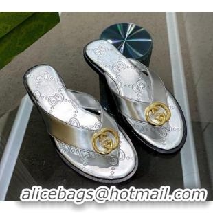 Perfect Gucci Metallic Leather Flat Thong Sandals Silver 120269