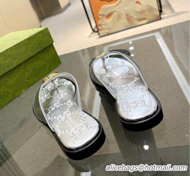 Perfect Gucci Metallic Leather Flat Thong Sandals Silver 120269