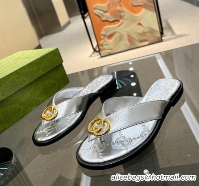 Perfect Gucci Metallic Leather Flat Thong Sandals Silver 120269