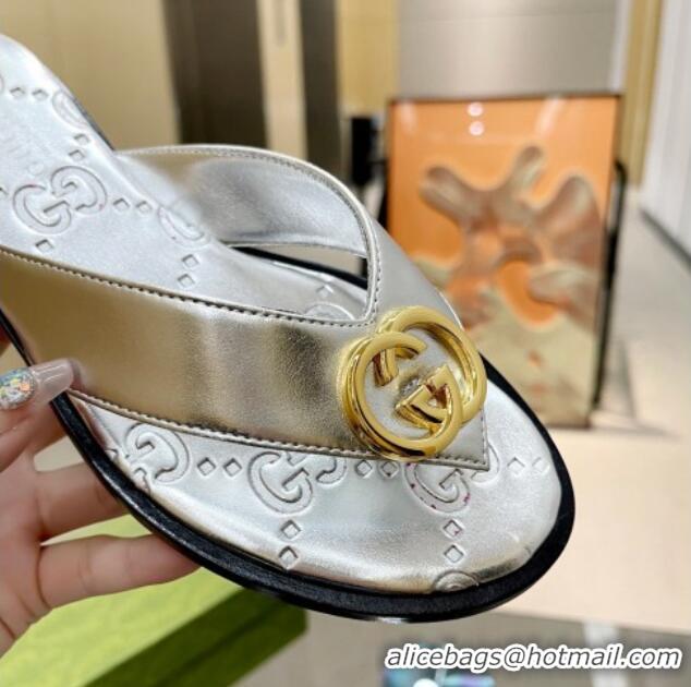 Perfect Gucci Metallic Leather Flat Thong Sandals Silver 120269