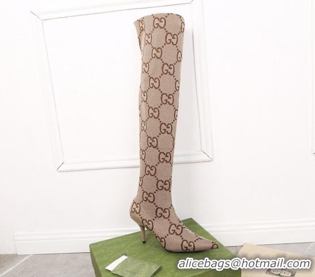 Best Grade Gucci Maxi GG Canvas Over-Knee High Boots 8cm Camel 122358