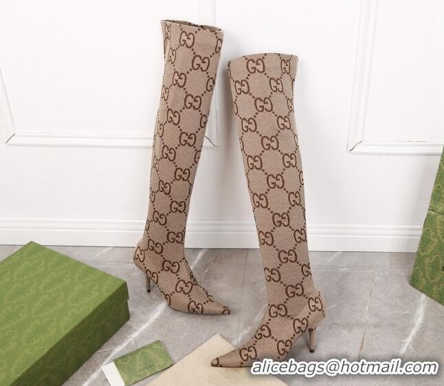 Best Grade Gucci Maxi GG Canvas Over-Knee High Boots 8cm Camel 122358