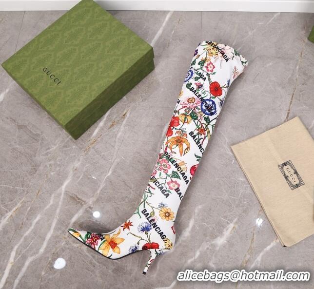 Luxury Gucci x Balenciaga Flora Knife Over-Knee High Boots White/Multicolor 122361