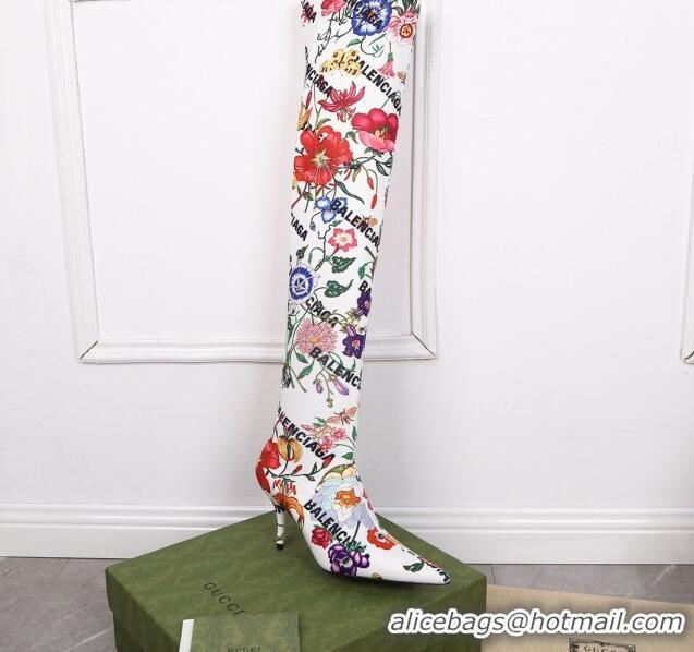 Luxury Gucci x Balenciaga Flora Knife Over-Knee High Boots White/Multicolor 122361