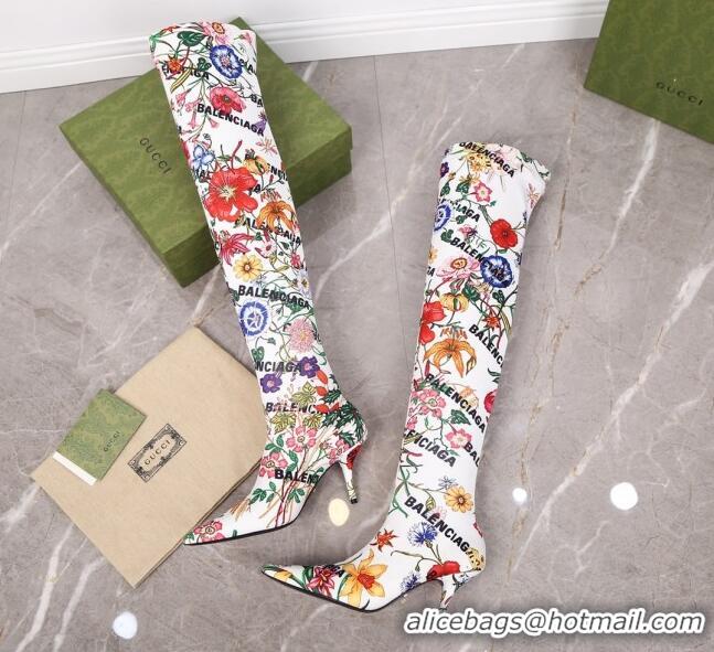 Luxury Gucci x Balenciaga Flora Knife Over-Knee High Boots White/Multicolor 122361