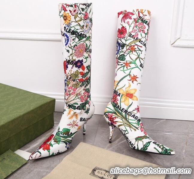 Low Price Gucci x Balenciaga Flora Knife High Boots White/Multicolor 122362