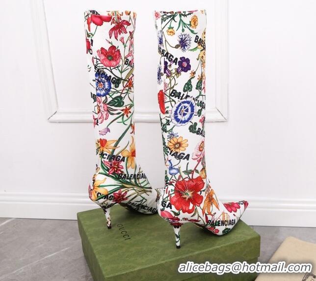 Low Price Gucci x Balenciaga Flora Knife High Boots White/Multicolor 122362